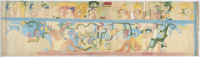 Kopia av en väggmålning från den sydvästra väggen, Jaguarernas övre tempel, Chichen Itza, Mexiko (akvarell och kroppsfärg) av Adela Breton