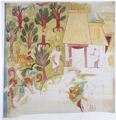 Kopia av en del av en väggmålning från den södra gavelpanelen, östra väggen, inre kammaren, Jaguarernas övre tempel, Stora bollplanen, Chichen Itza,    (akvarell & kroppsfärg) av Adela Breton