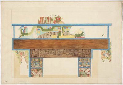 Kopia i kvartsskala av en väggmålning västra väggen, Jaguarernas övre tempel, Chichen Itza, Mexiko (akvarell, kroppsfärg, grafit) av Adela Breton