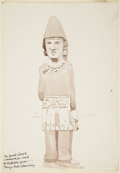 Staty från Teayo, norra Veracruz, Mexiko Visar stenstaty med mansfigur som bär kilt (akvarell) av Adela Breton