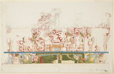 Stenrelief från mitten av norra muren, norra byggnad C, bollplan, Chichen Itza, Mexiko (akvarell) av Adela Breton