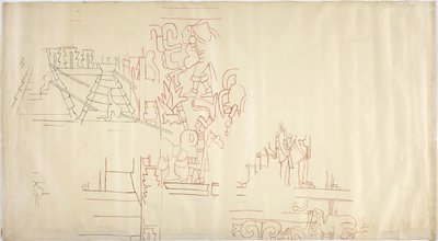 Spårning av en väggmålning från Casa de Monjas, Chichen Itza, Mexiko Ritad och färgad med svart och rött bläck (rött & svart bläck & grafit) av Adela Breton
