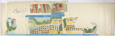 Spårning av en väggmålning från över dörren, Jaguarernas övre tempel, Chichen Itza, Mexiko (akvarell, kroppsfärg, grafit) av Adela Breton