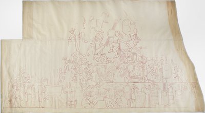 Spårning av en väggmålning från södra valvets tak, Jaguarernas övre tempel, Chichen Itza, Mexiko    (rött bläck) av Adela Breton