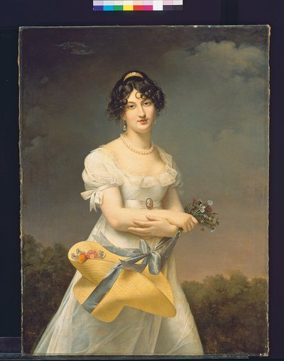 Porträtt av Amélie-Justine Laidin de la Bouterie, född Pontois, med en hatt fylld med blommor av Adele Romany