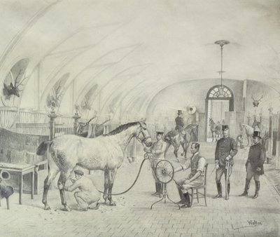 The Royal Stables: morgonputsning (penna) av Adele Walter