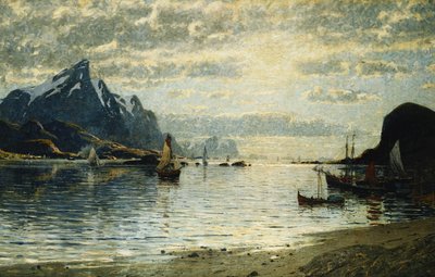 En fjordscen med segelfartyg, av Adelsteen Normann
