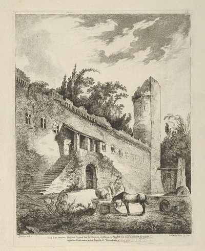 Utsikt över ett gammalt slott som ligger på vägen från Rom till Neapel från Differentes vue..., 1700-talet. av Adélaide Allou