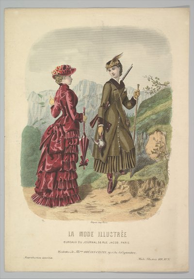 En dam i jaktdräkt med en dam i gådräkt på en bergsstig från La Mode..., 1881. av Adèle Anaïs Colin