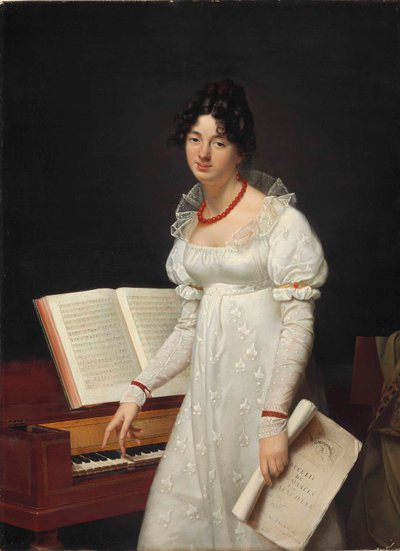 Porträtt av en kvinna som står bredvid ett pianoforte och håller i ett manuskript av Adele Romany
