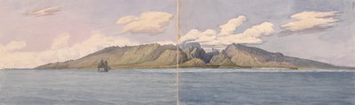 "Tahiti [Samhällsöarna]. Ravinen vid Fautaua - Kron- eller Diademeberget i mitten av ön, och staden Papeiti, 24 augusti 1849