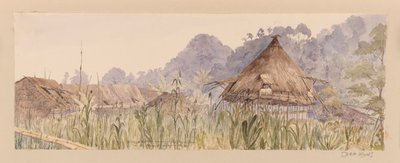By och huvudhus för Segu-stammen eller Vid Manuk- eller Segur-floden från Västindien, Nordamerika och Borneo klippbok av Admiral Sir Edward Gennys Fanshawe