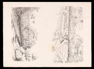 By tillhörande Stang-stammen, Sarawak, Borneo; och en bro av pålar över en flod från West Indies, North American and Borneo scrapbook, ca 1845 (litografi) av Admiral Sir Edward Gennys Fanshawe