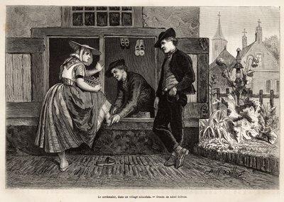 En skomakare i en by i Zelandan får en ung kvinna att prova en sko åtföljd av en ung man, gravering efter teckningen av Adolf Dillens, som illustrerar en resa till Zelande (Neerlande), 1873, av Charles de Coster, publicerad i "Le tour du monde” 1874, av Adolf Alexander Dillens