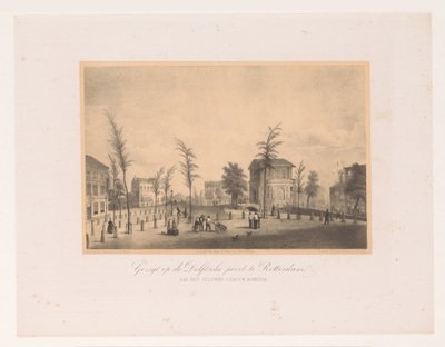 Utsikt över Delftse Poort i Rotterdam Utsikt över Delftsche Poort i Rotterdam / kommer från stationsbyggnaden (titel på objekt) Society for the Promotion of Toonkunst, dess musikfestival och staden Rotterdam. minne av året 1854 (se av Adolf Carel Nunnink
