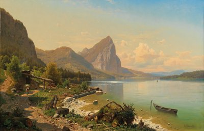 Spel på Mondsee nära Scharfling med utsikt över Drachenwand av Adolf Chwala