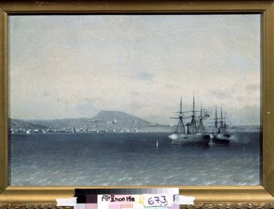 Rysk-turkiska (Russo-turkiska) kriget 1877-1878: ""Staden Theodosia (eller Feodosiya) på Krim bombarderad av den turkiska flottan 1878"" (Den turkiska flottan bombade staden Feodosiya 1878) Målning av Adolf Fessler (1826-1885) 1878 staten Tretyakov G av Adolf Fessler
