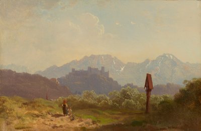 Tomt nära Salzburg med utsikt över fästningen Hohensalzburg och Untersberg som tornar upp sig bakom den av Adolf Heinrich Lier