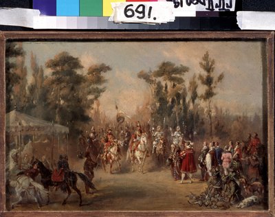 Tsarens jakt på 1500-talet. Verk av Adolf Karl den Store (1826-1901). Olja på kartong av Adolf Jossifowitsch Charlemagne