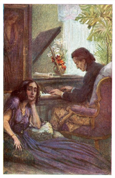 Musiker och kompositör, Frederic Chopin, med George Sand av Adolf Karpellus (färg litho) av Adolf Karpellus
