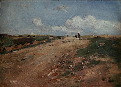 Landsväg i Schwalm med en flicka och gäss (olja på duk) av Adolf Lins