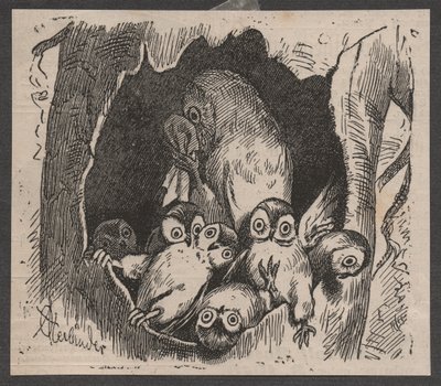 Uggla med ungar, ca 1890 (quickpress print) av Adolf Oberländer