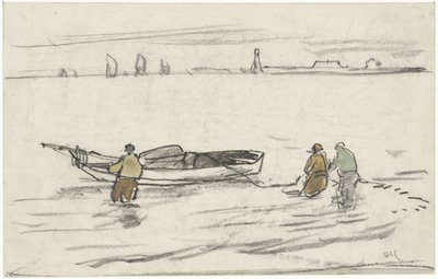 Tre män som står i vattnet drar en segelbåt åt sidan av Adolf le Comte