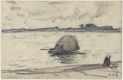 Pråm med hö på en flod av Adolf le Comte