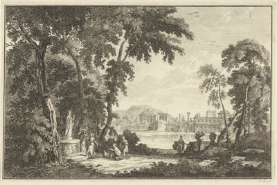 Arkadiskt flodlandskap med figurer som dyrkar en staty Italienska och tyska landskap (serietitel) av Adolf van der Laan