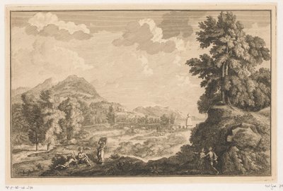 Arkadiskt flodlandskap med herdar och en kvinna med en tvättkorg Italienska och tyska landskap (serietitel) av Adolf van der Laan