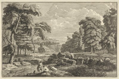 Arkadiskt flodlandskap med fem badande kvinnor och en hjort av Adolf van der Laan