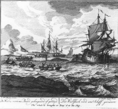 ”Valen bogseras eller ros ombord.” (nr 7 ur serien om valfångst) av Adolf van der Laan