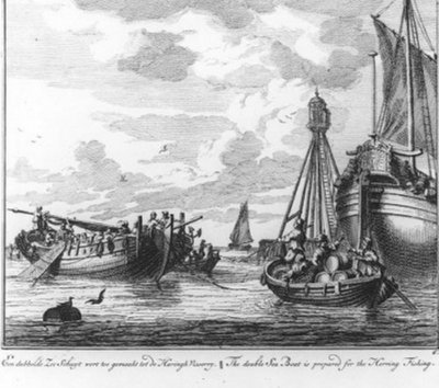 ”Ett dubbelt sjöfartyg görs i ordning för sillfiske” (nr 6 ur serien Sillfiske) av Adolf van der Laan