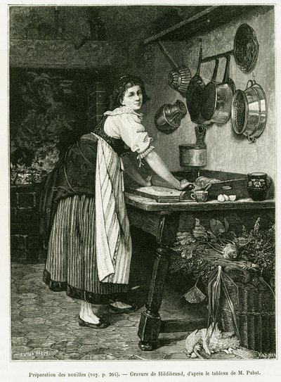 Nudelberedning. Gravyr av Hildibrand, för att illustrera berättelsen A Through Alsace and Lorraine, 1887, av Charles Grad, tysk deputerad, i tour du monde 1888, regisserad av Edouard Charton (1807-1890), Hachette, Paris. av Adolf von Hildebrand