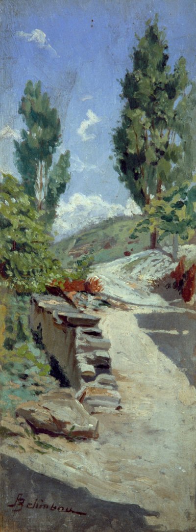 Road in hills av Adolfo Belimbau (1845-1938), olja på panel, 23x9 cm av Adolfo Belimbau