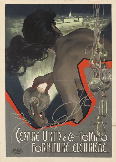 Reklamaffisch producerad för det italienska belysningsföretaget Cesare Urtis & Co. i Turin, 1889 av Adolfo Hohenstein