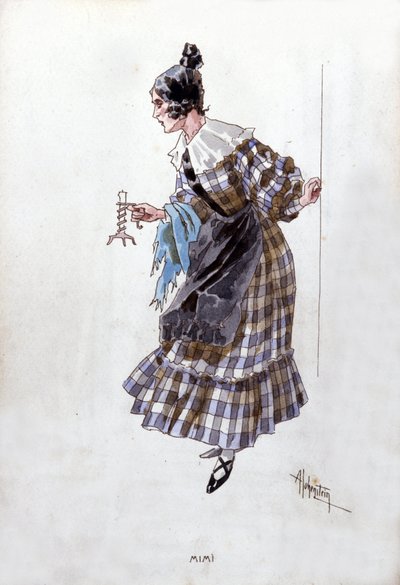 Kostym av Mimis karaktär för operan "La Boheme"" av Giacomo Puccini (1858-1924). Akvarell av Adolfo Hohenstein. av Adolfo Hohenstein