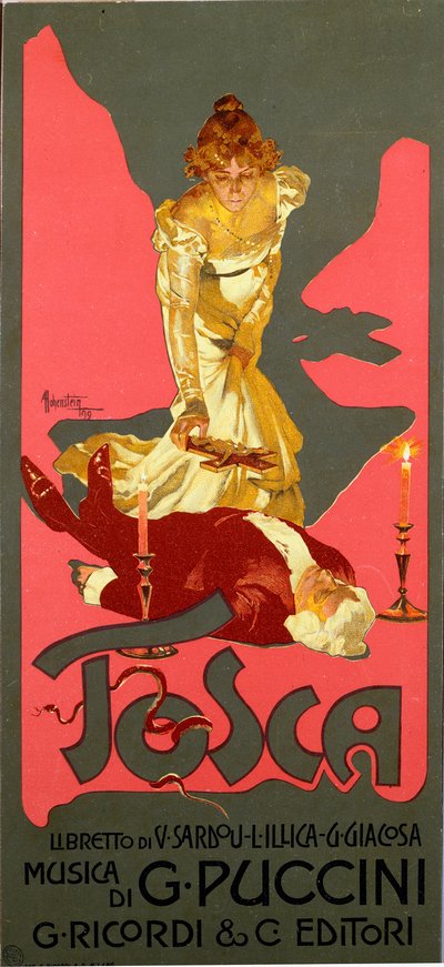Affisch i Liberty-stil för operan "La Tosca" av Giacomo Puccini (1858-1924) 1906 Dim. 30x13,5 cm Illustration av Adolfo Hohenstein (1854-1928) Milanos privatsamling av Adolfo Hohenstein
