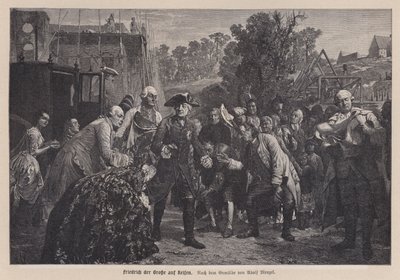 Fredrik den store, kung av Preussen, på resa (gravyr) av Adolph Friedrich Erdmann von (after) Menzel