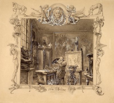 His Studio, 1890 (penna och bläck på papper) av Adolph Menzel