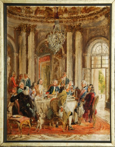 Det runda bordet för Fredrik II av Preussen (1712-1786) med Voltaire (Francois-Marie (Francois Marie) Arouet de Voltaire (1694-1778) och Christoph Ludwig von Stille (1696-1752) vid Sanssouci-palatset - Skiss av Adolph Friedrich von Stille Menzel (1815-1905 av Adolph Menzel