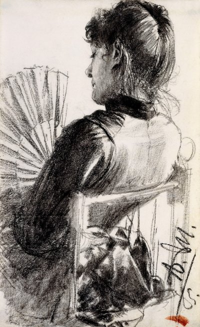 Dam med en fläkt, 1885 av Adolph Menzel