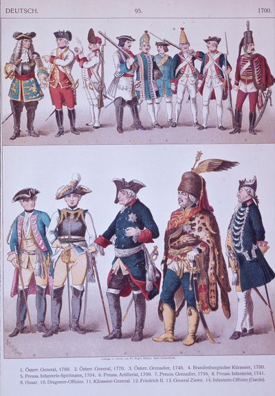 Preussiska grenadjärer från Fredrik den stores tid (färg litho) av Adolph Menzel