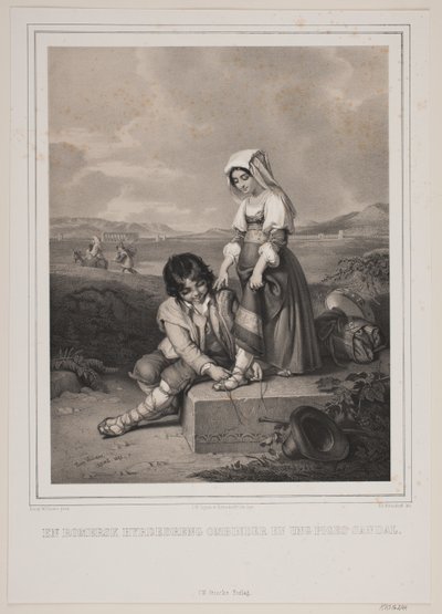 En romersk herdepojke binder en ung flickas sandal. av Johan Adolph Kittendorff