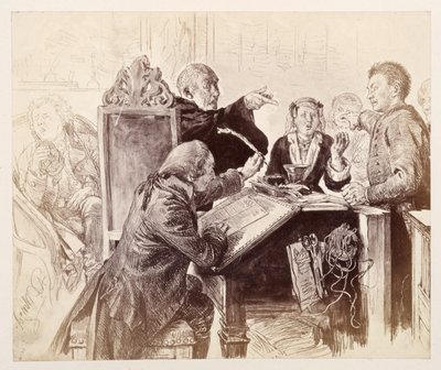 Adam talar till Veit under rättegången; längst fram sitter skrivaren Licht och doppar pennan, längst bak till höger sitter domaren, på väg att nysa, ur Heinrich von Kleists ”Den trasiga kannan” av Adolph Menzel