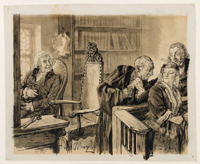 Adam talar i hemlighet med Eva. Licht lyssnar. Domaren kallar tillbaka Adam till domarstolen. Ur Heinrich von Kleist, Den trasiga kannan av Adolph Menzel