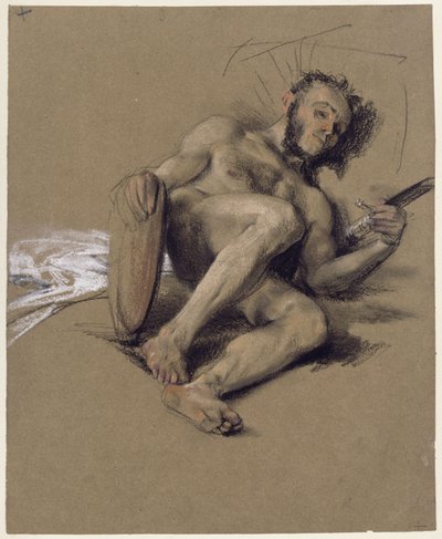 Aktstudie, skäggig man som vilar på marken till vänster med svärd och sköld i händerna, studie till talet med anledning av kronprinsens myndighetsdag 1850 av Adolph Menzel