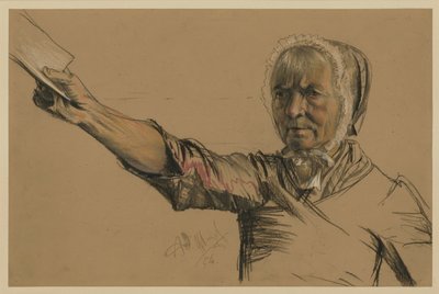 En äldre kvinna som med höger hand sträcker fram en framställning av Adolph Menzel