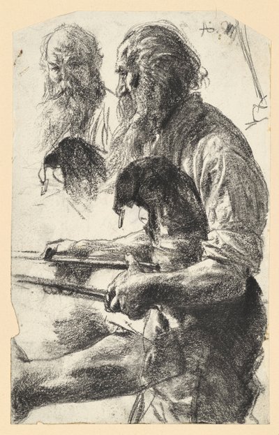 En äldre järnarbetare med skinnförkläde och en tång i handen. Studie till ”Järnvalsverket. Moderna cykloper” av Adolph Menzel