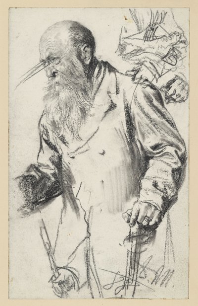 En äldre, skäggig man i kjol vid Stock, vissa detaljer upprepas av Adolph Menzel